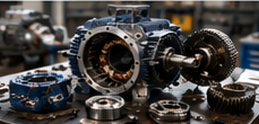 Motors, gearboxes and repair components on an engineering workbench