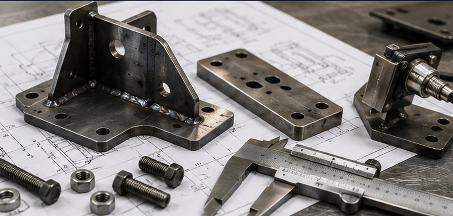 Engineering drawing with fabricated bracket, fasteners, calipers and components